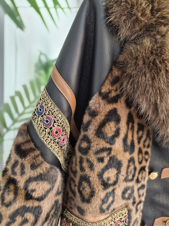 Oslo Faux Fur/Faux Leather Jacket - Chocolate Leopard - (Oversized fits Size 12/14 to Size 18/20/20)