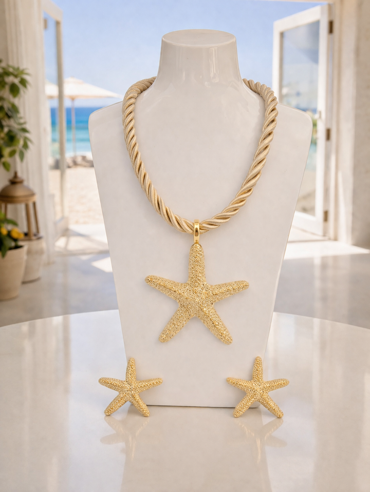 Starfish Necklace & Earrings Set (Gold Tone) - Gold