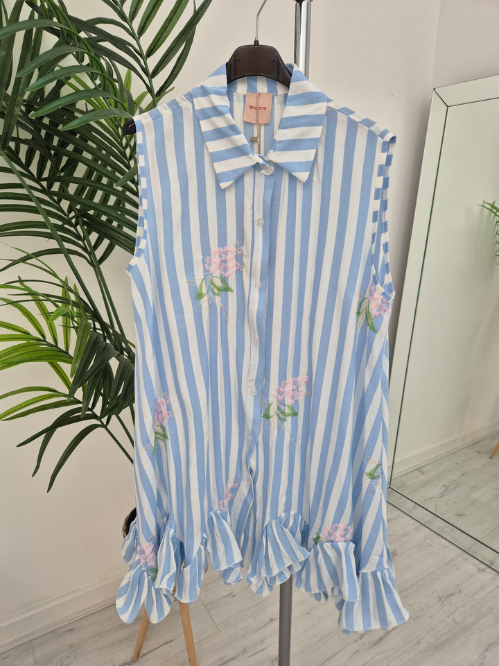 Seville Sleeveless Frilled Hem Dress - (One Size, fitting up to Size 16) - Floral Pale Blue/White Stripes
