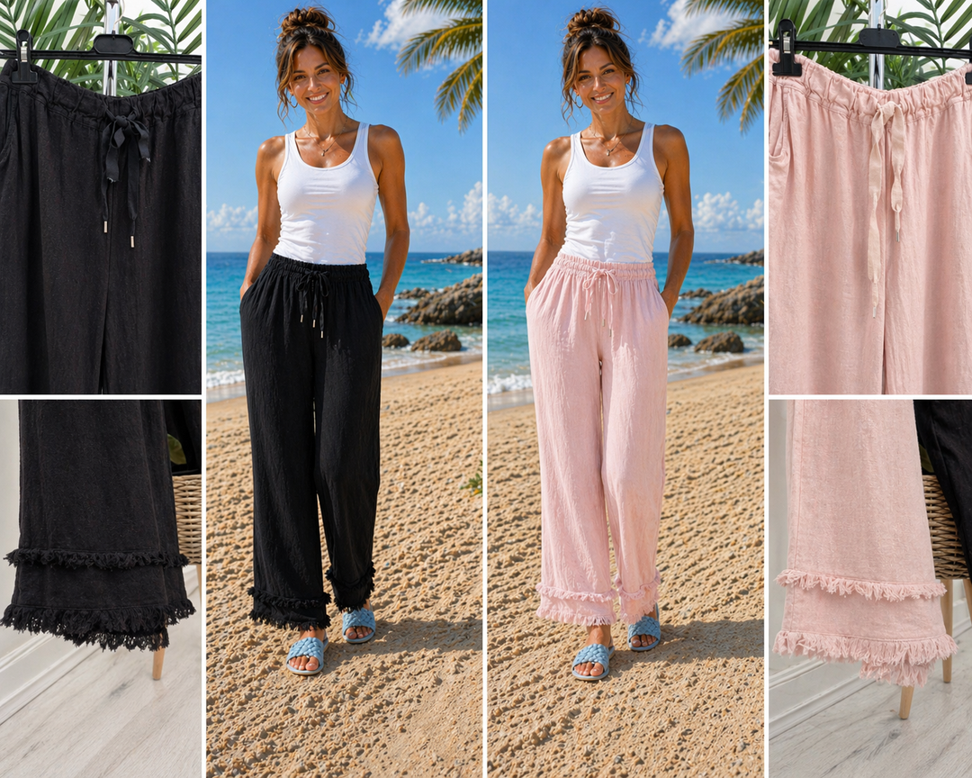 Amalfi Fringed Wide Leg  Linen Trousers - One Size from Size 12 up to Size 18) - (choose your Colour)