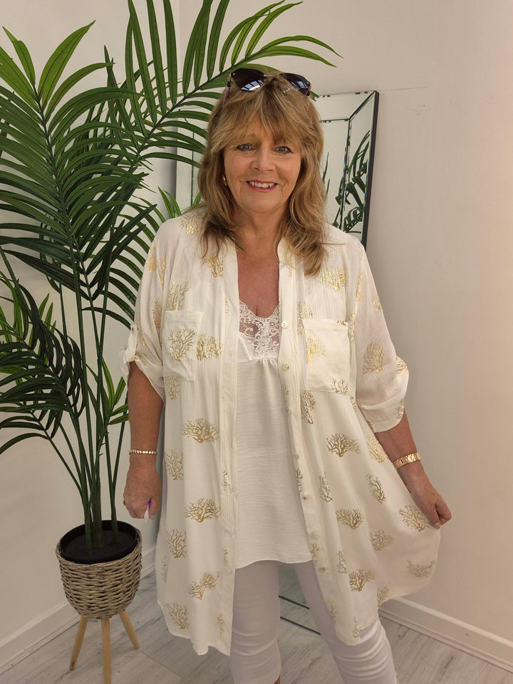 Ibiza Tree of Life Shirt Dress - White/Gold (Loose Fit)