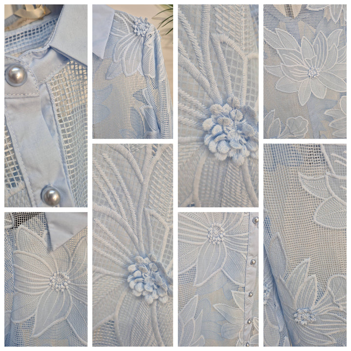 Macy Mesh Floral Applique Blouse - Blue (One Size - fits from Size 8 up to Size 14)