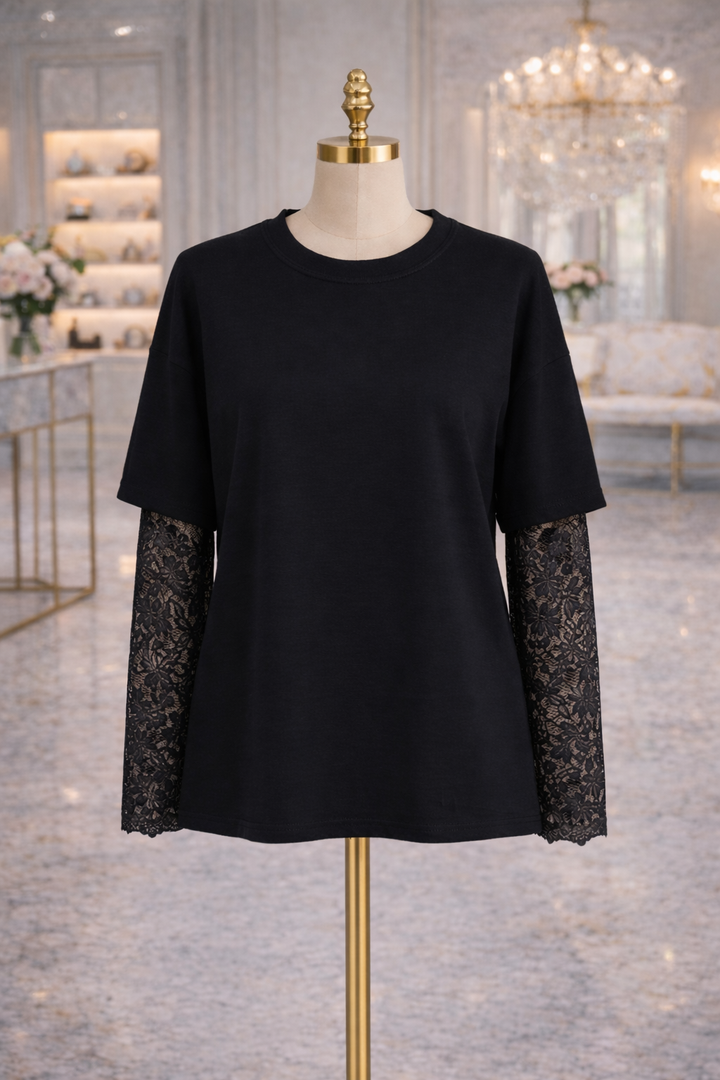 Lace Sleeve Sweatshirt - Black (One Size, fits up to Size 16)