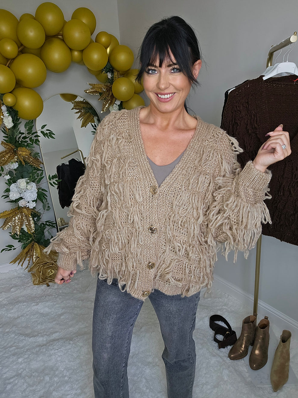Shaggy Cardigan with Gold Buttons (Oversized) Long Length - Camel