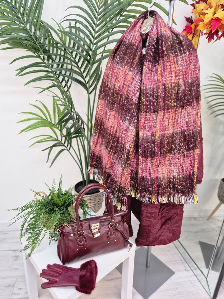 Cosy Brushed & Fluffy Scarf - Wine Multi