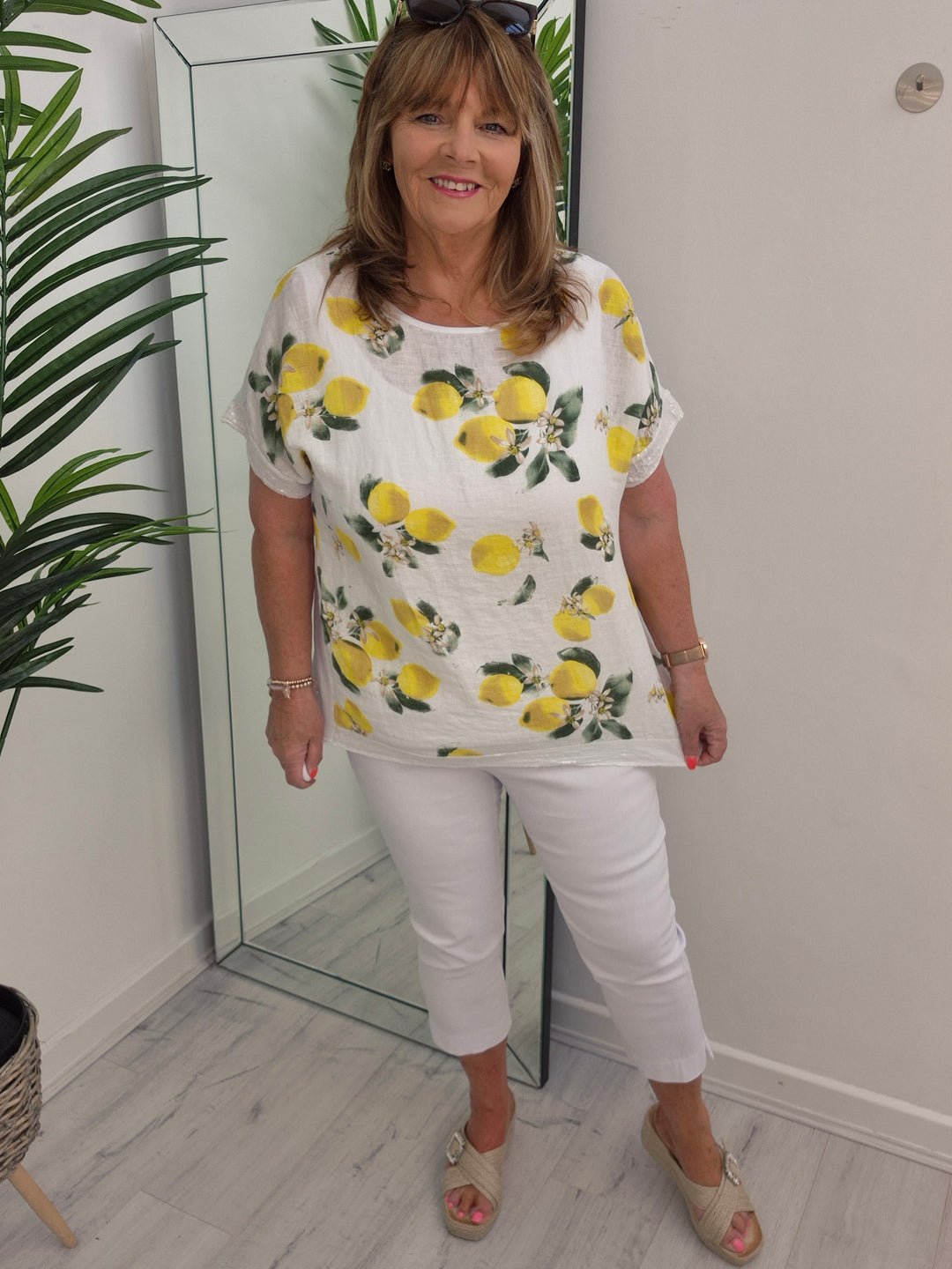 Santorini Sequin Trim Top - White/Lemon