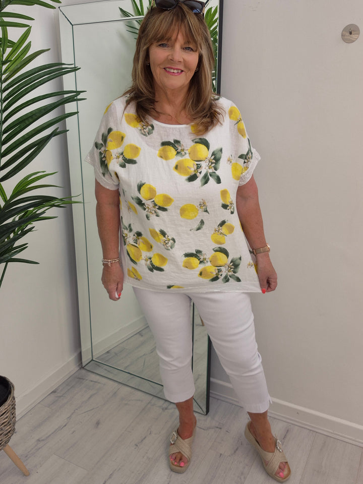 Santorini Sequin Trim Top - White/Lemon
