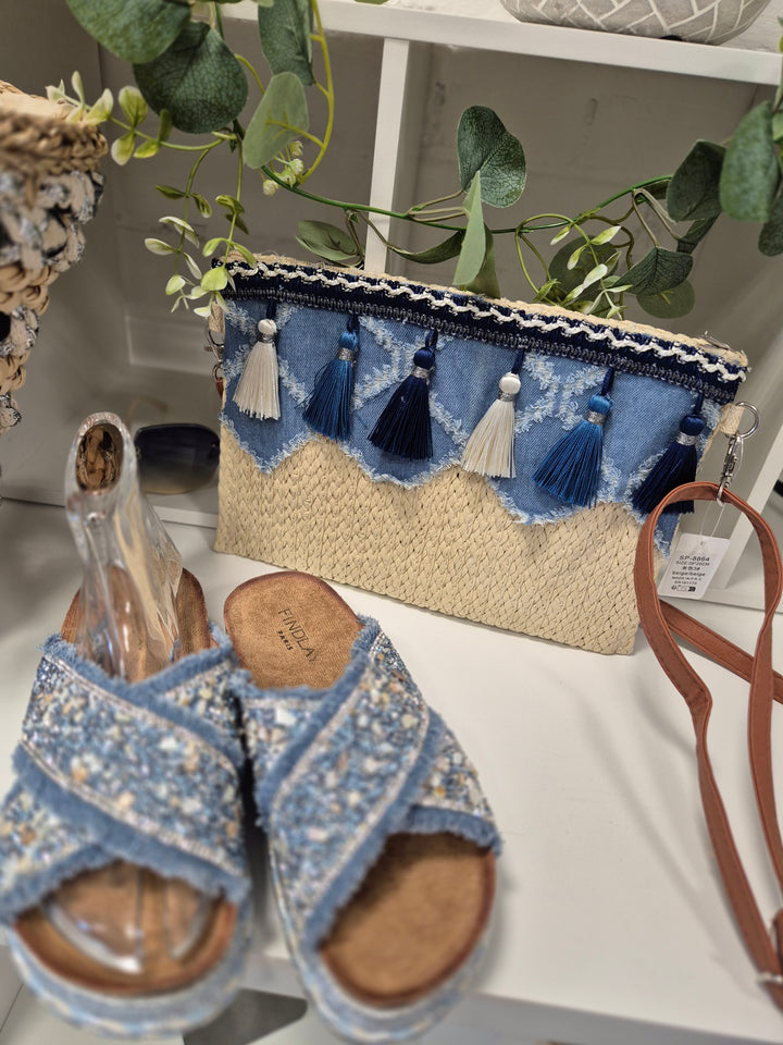 Boho Denim & Tassels Clutch Bag - Denim