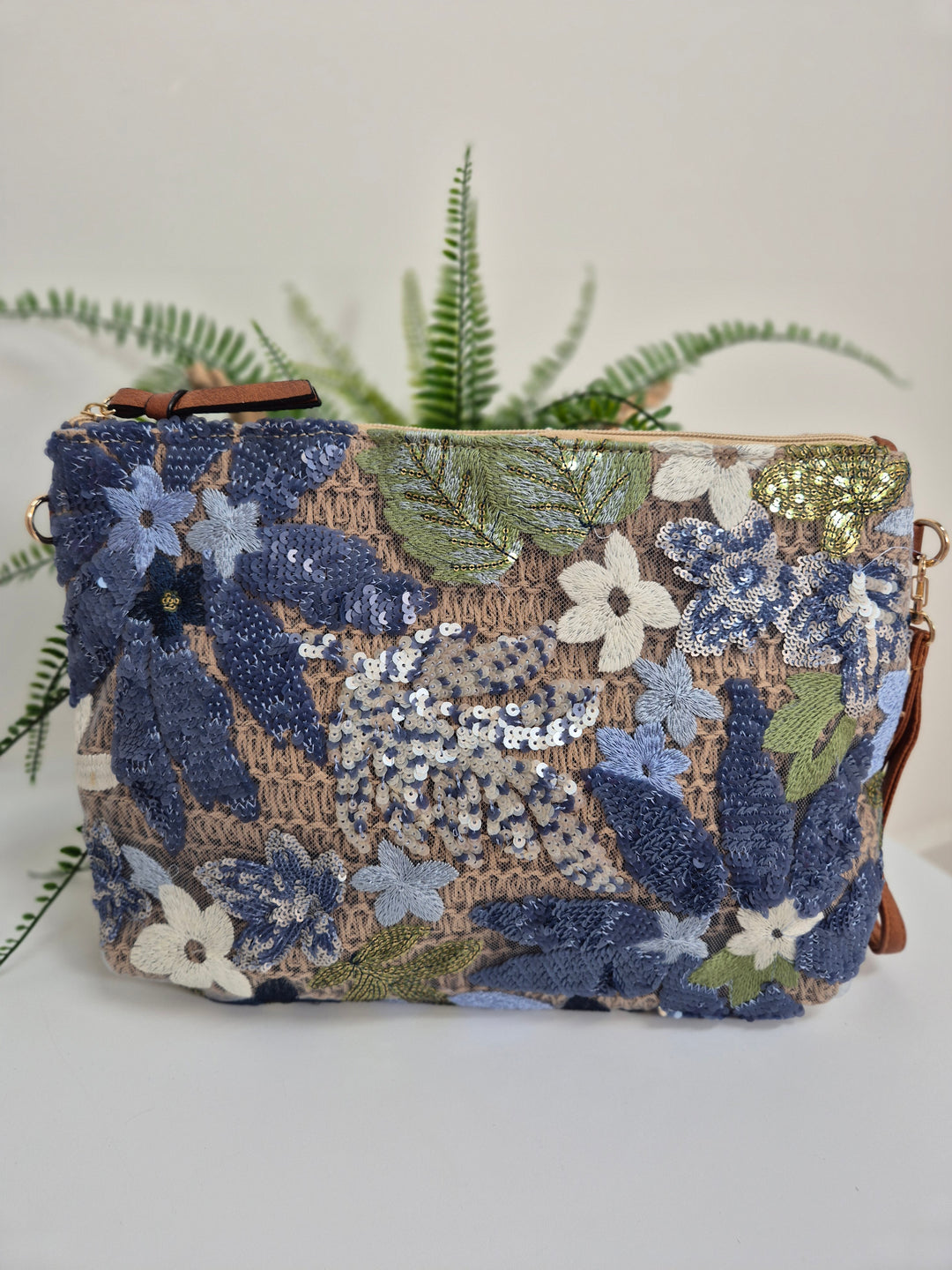 Floral Sequins Clutch Wristlet Bag - Blues