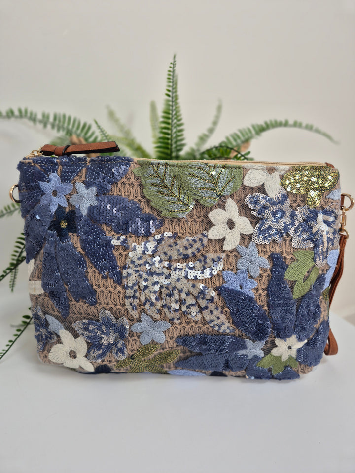 Floral Sequins Clutch Wristlet Bag - Blues