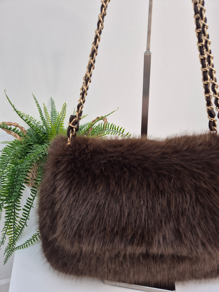 Oslo Faux Fur Bag with Gold Chain Link Dual Handles - Chocolate