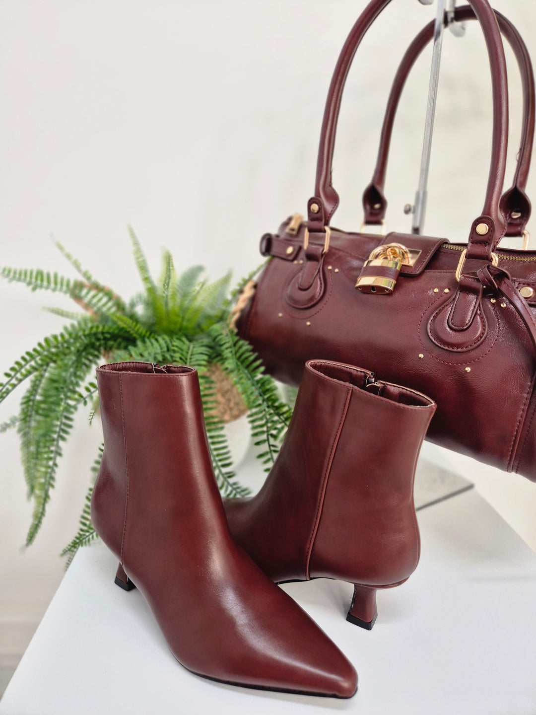 Mayfair Faux Leather Ankle Boots with Low Block Kitten Heel - Wine (choose your Size)