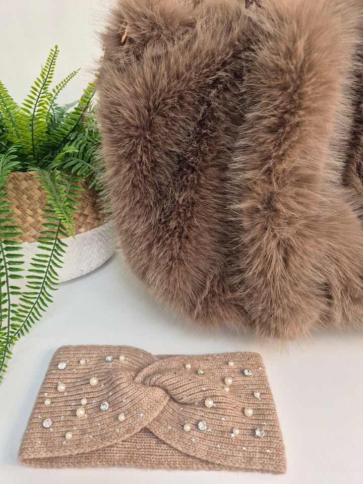 Sparkly Pearl & Crystal Headband - Mocha