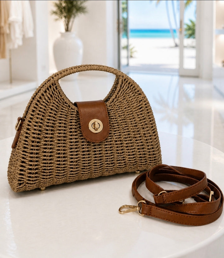 Woven Wicker Bag with Cross Body Strap - Natural (Gold Tone)