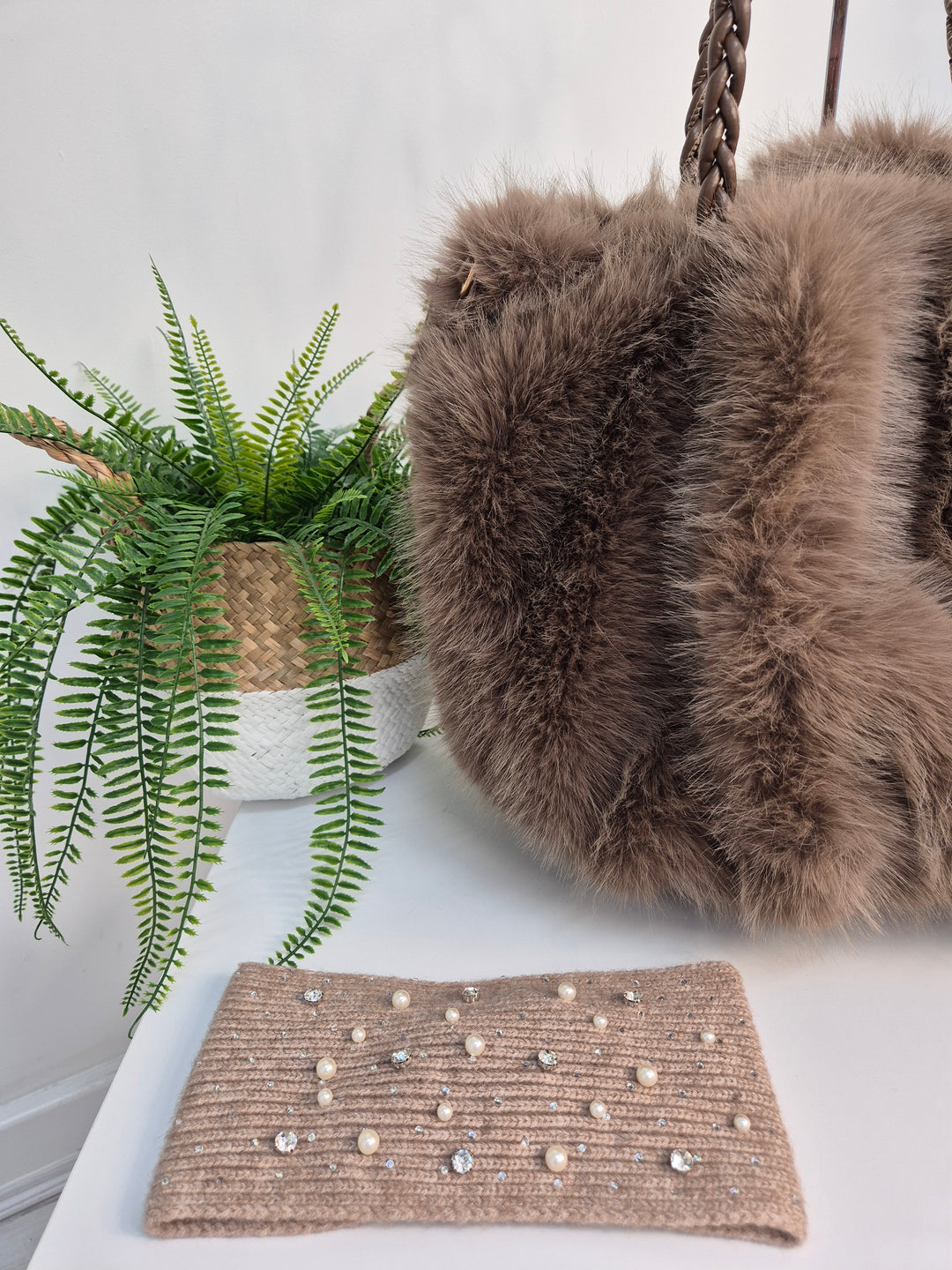 Sparkly Pearl & Crystal Headband - Mocha