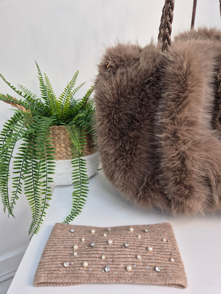 Sparkly Pearl & Crystal Headband - Mocha