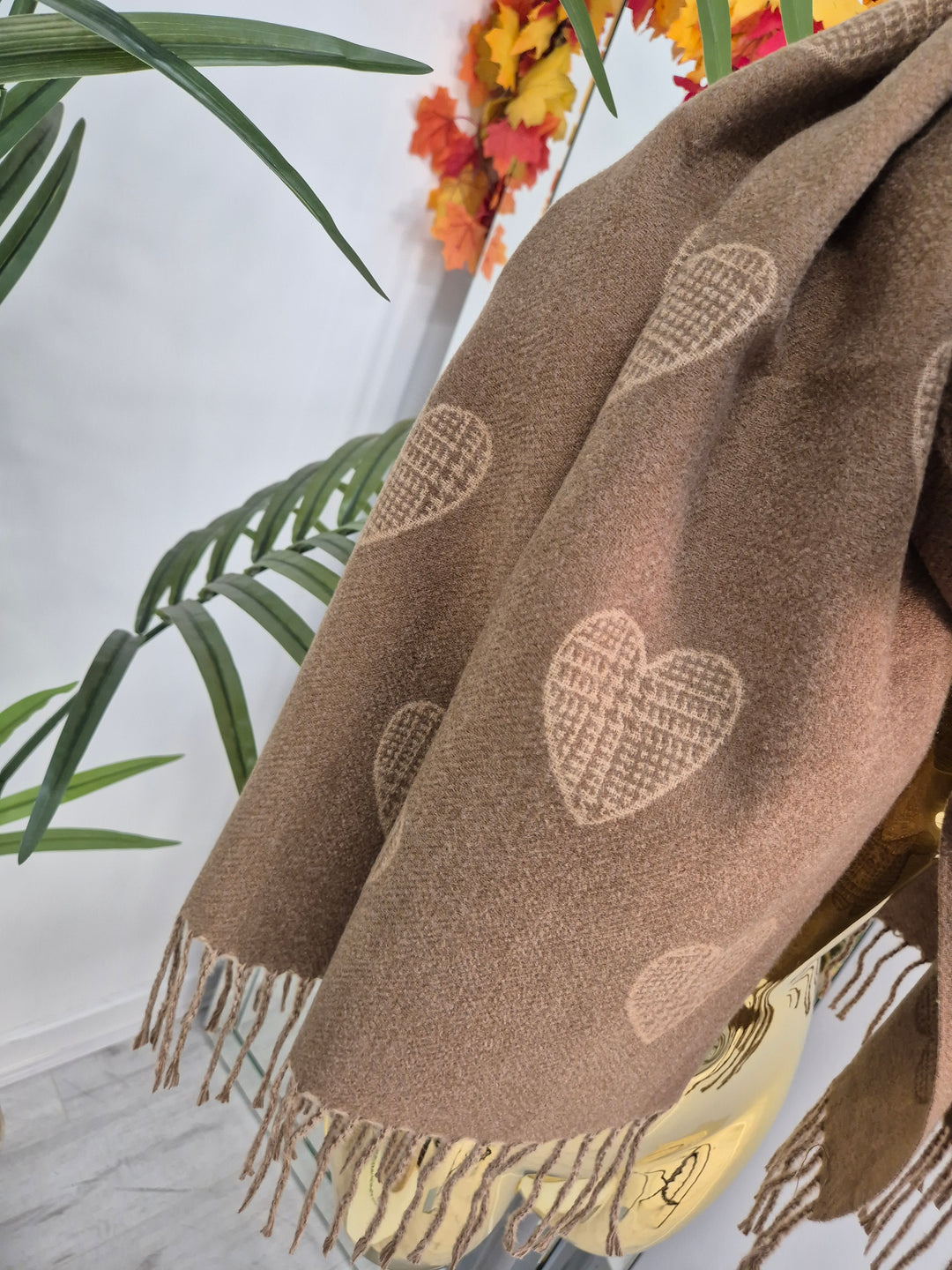 Hearts Oversized Scarf with Fringing - Chocolate