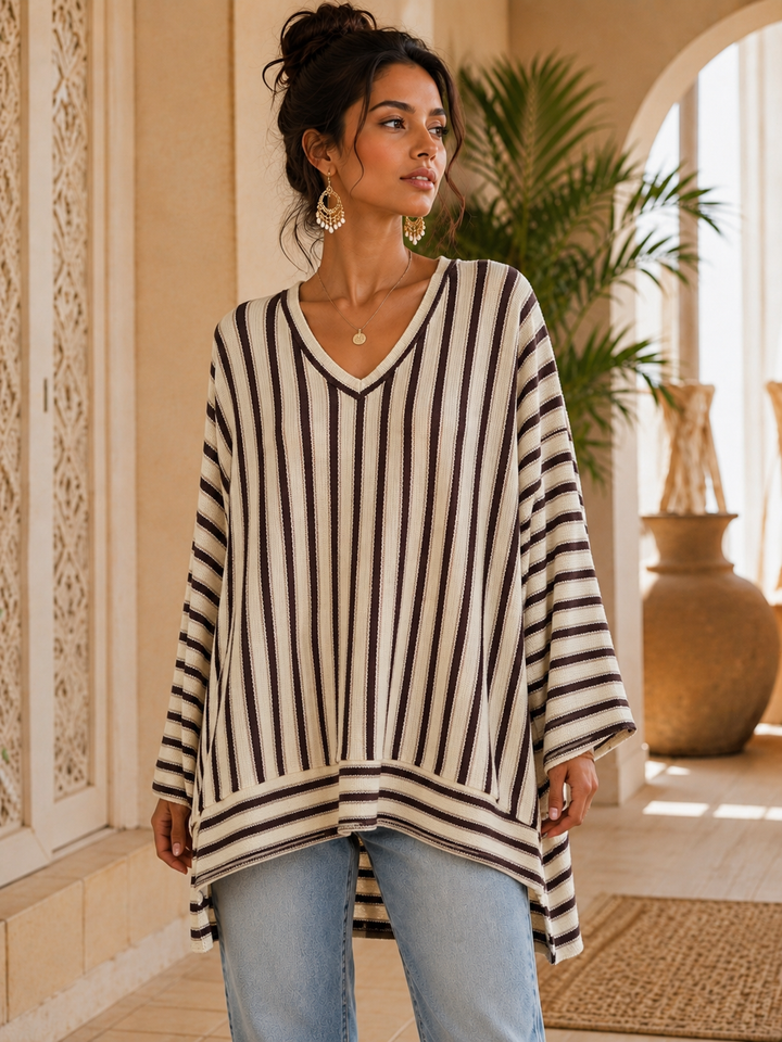 Emily Striped Fine Knit Top with Hi Lo Hemline - (Oversized/Curvy - fits Size 16 to Size 20) - Cream/Chocolate