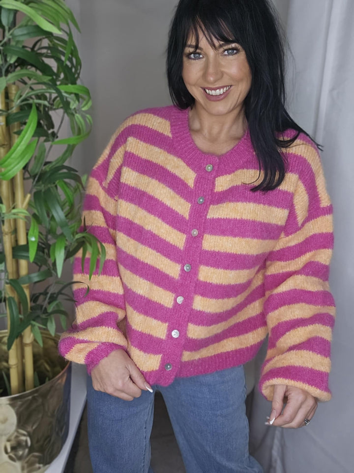 Amelia Striped Cosy Cardigan (One Size from Size 8 up to Size 16) - Tangerine/Hot Pink
