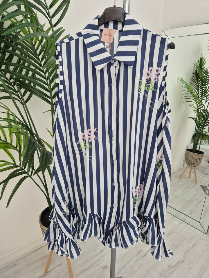 Seville Sleeveless Frilled Hem Dress - (One Size, fitting up to Size 16) - Floral Navy Blue/White Stripes