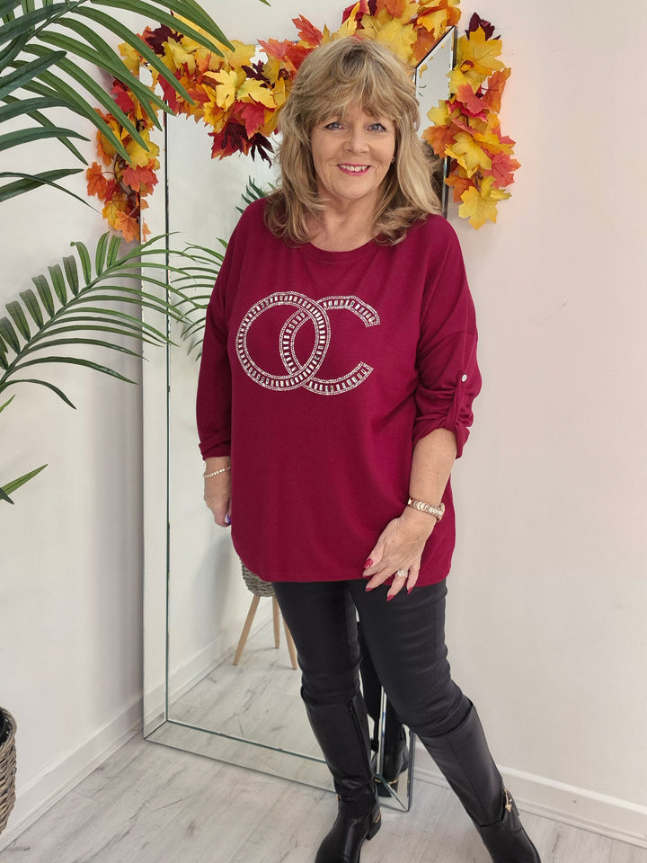 Coco Crystal & Diamante Oversized Hi Low Tops - Wine (fits from Size 14 up to Size 18/20)