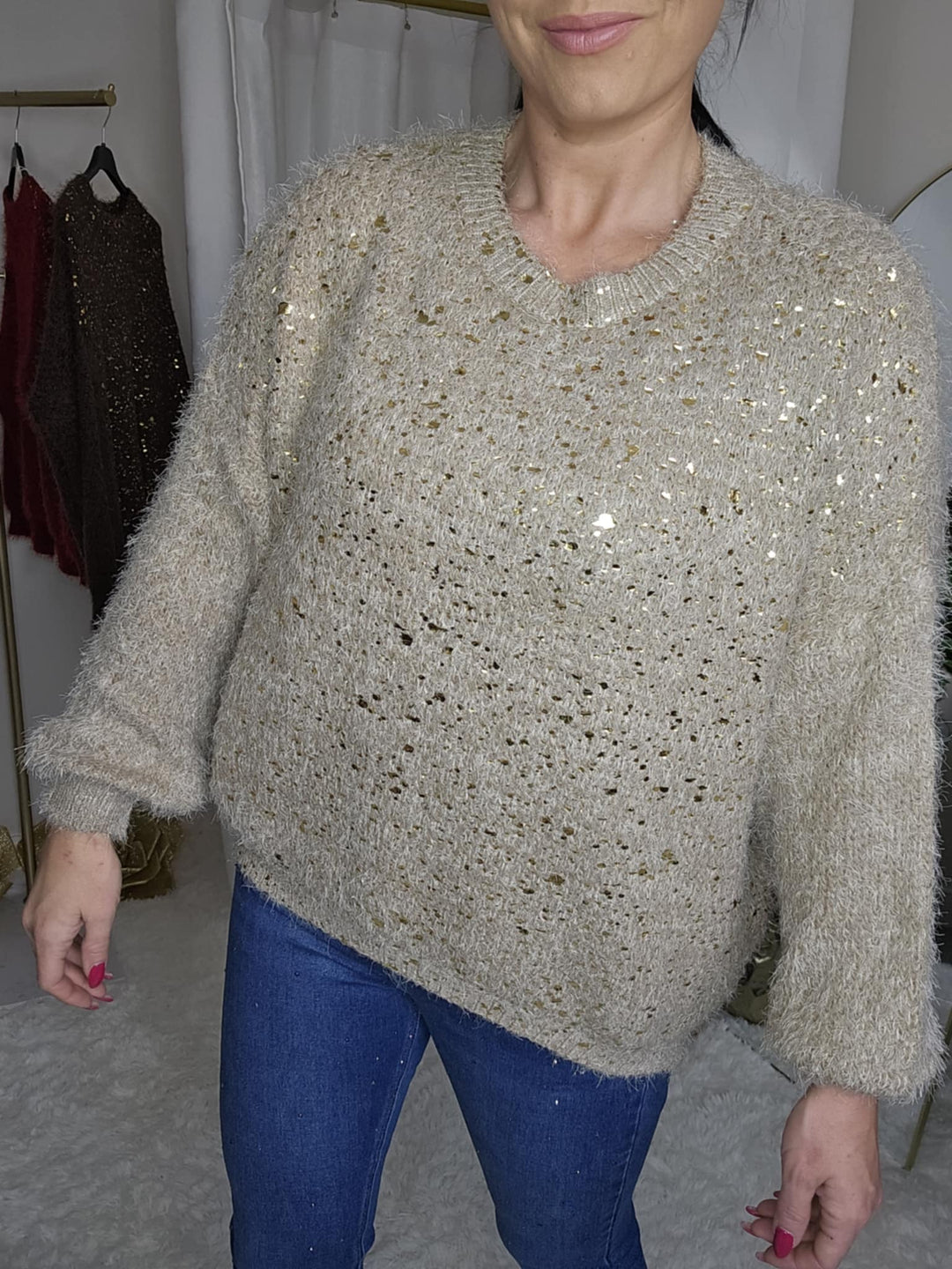 Gold Foil Sparkle Jumper - Biscuit (One Size, fits Size 10 up to Size 16)