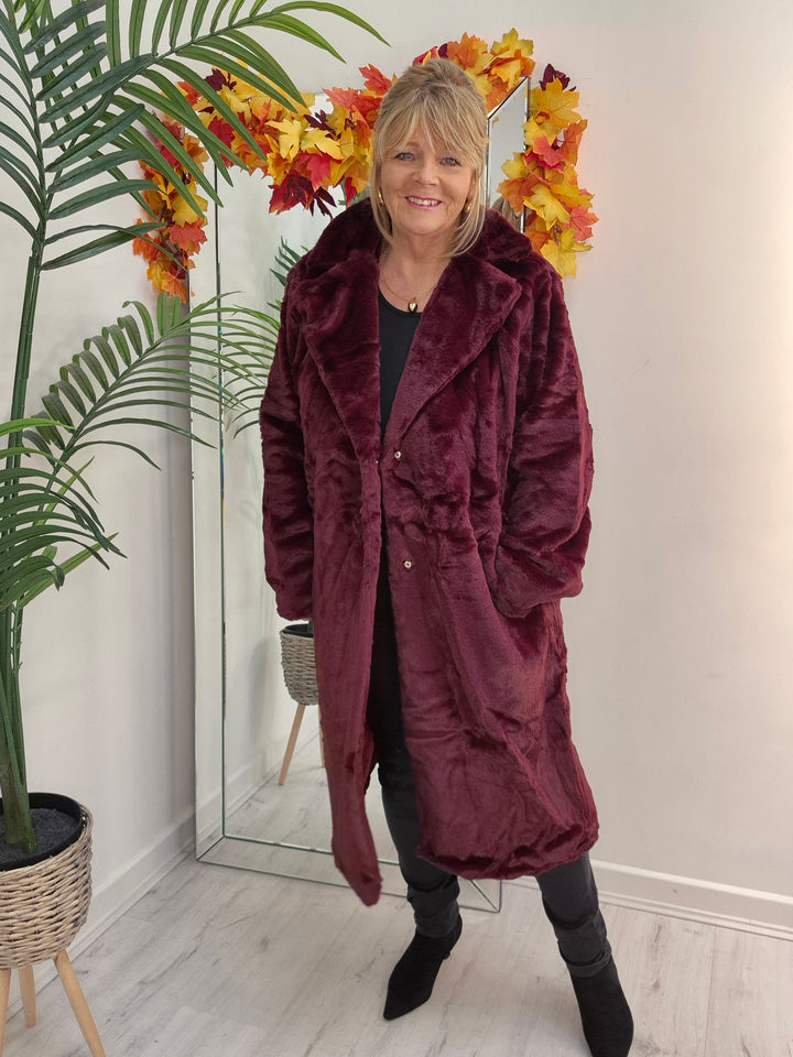 Oslo Faux Fur Longline Coat - Wine (choose your Size)