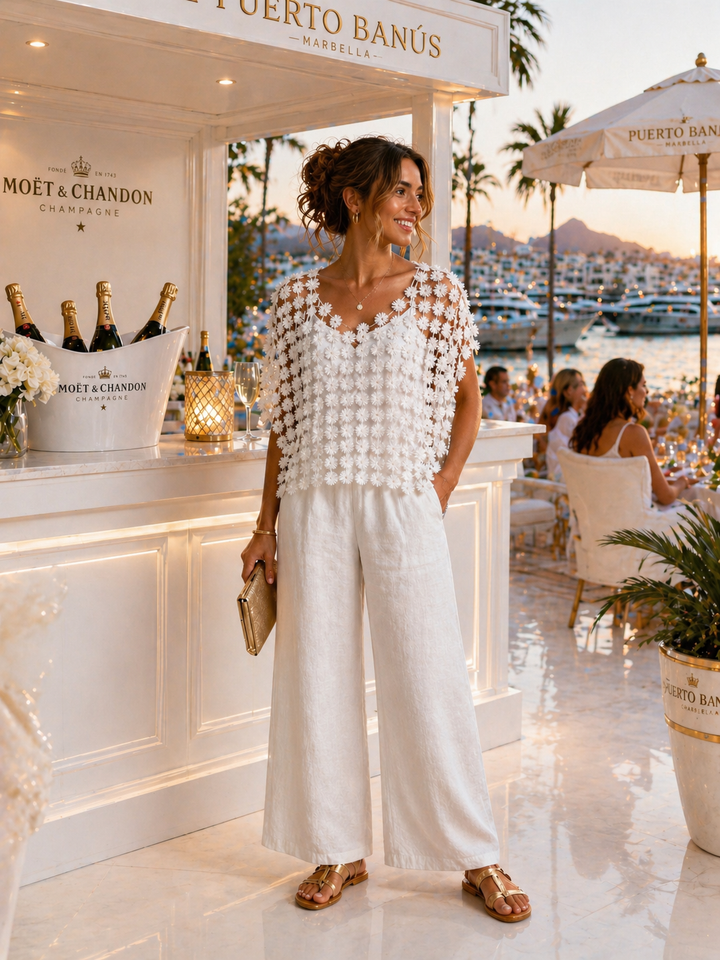 Puerto Banus Filigree Flower Top - (One Size, fits from Size 10/12 up to Size 16/18 - White