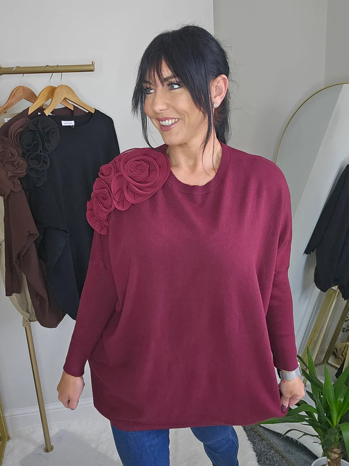 Corsage Oversized Jumper - Wine (fitting from Size 14 up to Size 20)