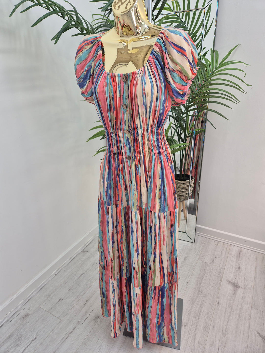 Malaga Midi Dress - Pink/Blue/Gold - (One Size/Curvy, fitting from Size 10 to Size 16/Small 18)