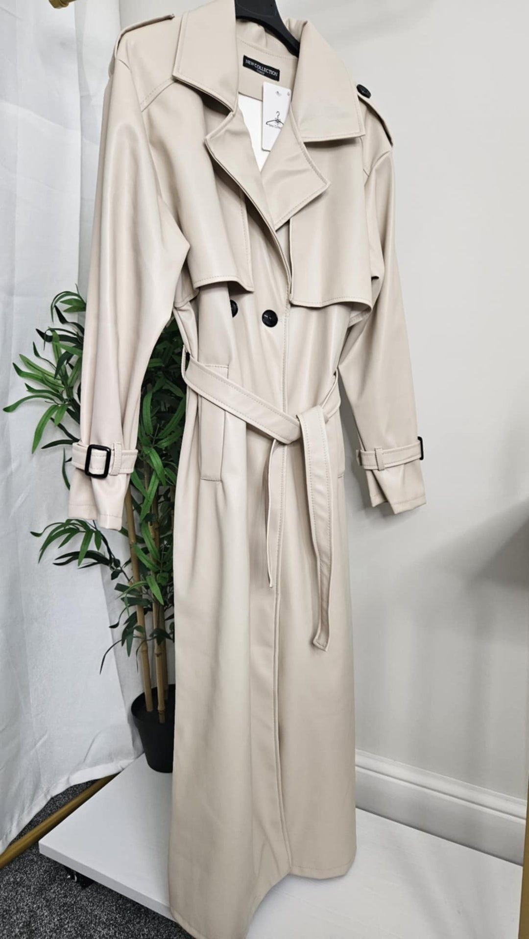 Sandringham PU Longline Trench Coat - Beige (One Size fits Size 10 up to Size 16)