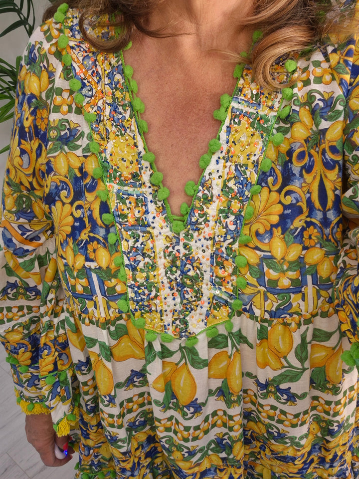 Santorini Beaded Tunic Top - Lemon & Lime