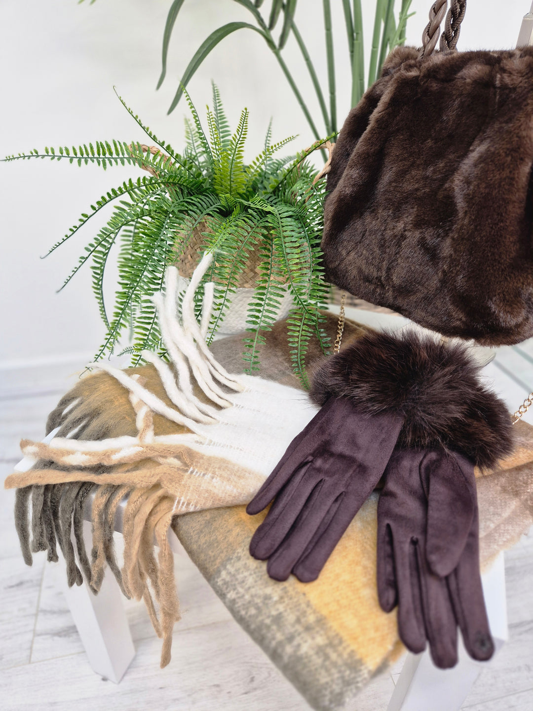 Checked Scarf with Fringing - Chocolate Multi