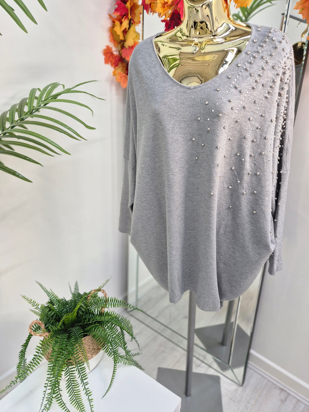 Celine Crystals, Pearls & Diamantes Oversized Jumper with V Neck (choose your Colour) (One Size/Curvy, fits from Size 12 up to Size 18)