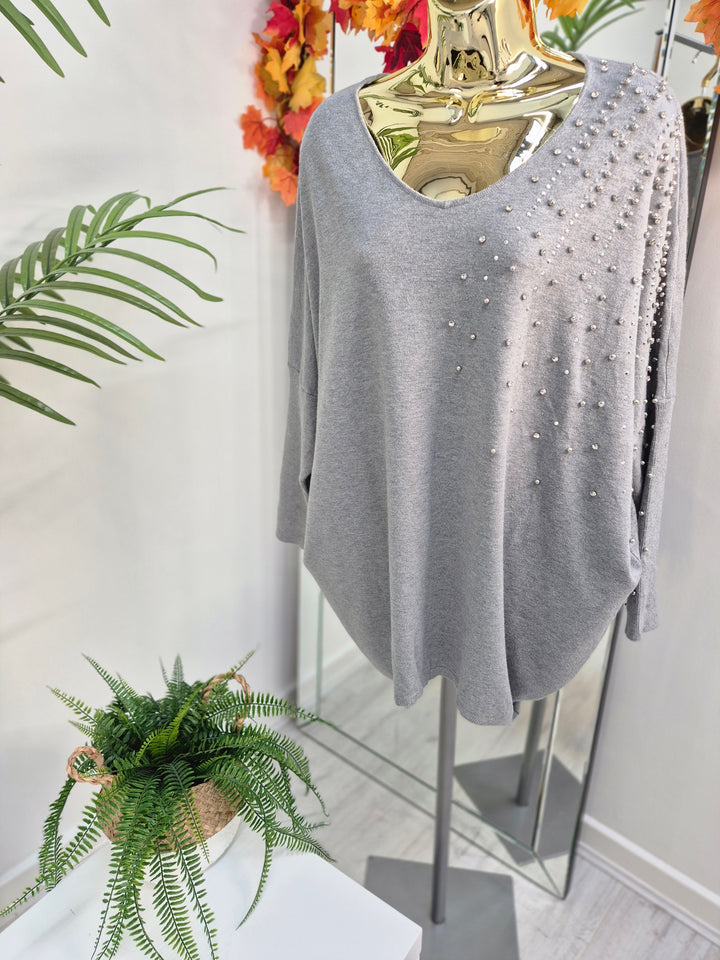 Celine Crystals, Pearls & Diamantes Oversized Jumper with V Neck (choose your Colour) (One Size/Curvy, fits from Size 12 up to Size 18)