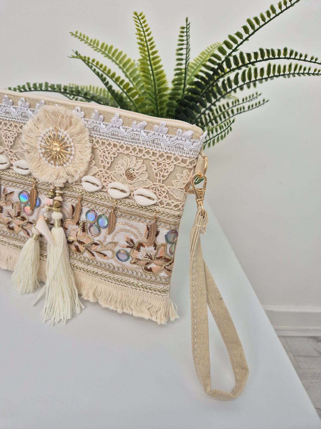 Seashells, Sun, Tassels Clutch Bag - Natural