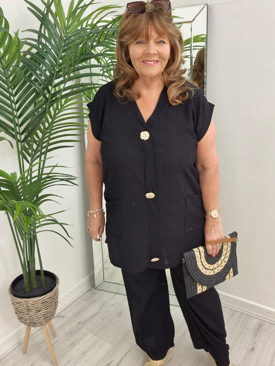 Baroque Buttons Co-ord Set with Wide Leg Pants & Top - (choose your Colour) - Curvy