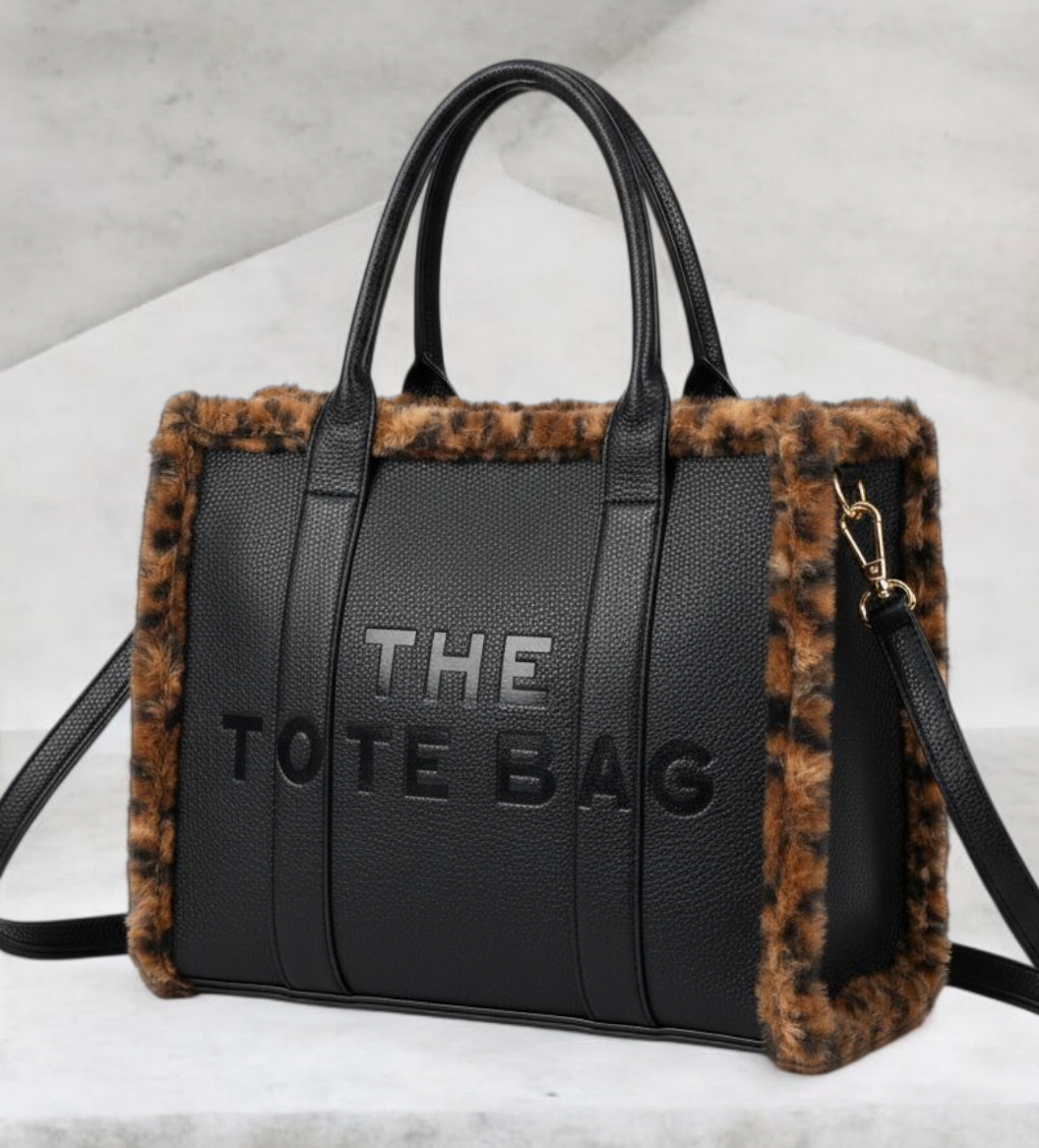 Oslo Tote Bag - Black with Chocolate Leopard Faux Fur (Large Size)