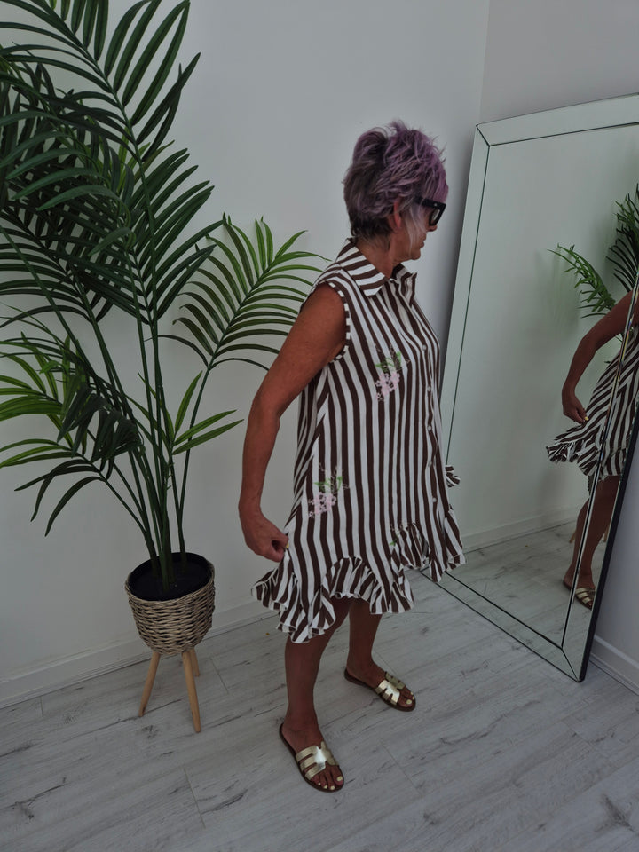Seville Sleeveless Frilled Hem Dress - (One Size, fitting up to Size 16) - Floral Chocolate/White Stripes
