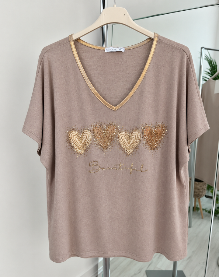 Hearts Top 'Beautiful' Oversized Top - (One Size, Size 12 up to Size 16) - Taupe/Gold