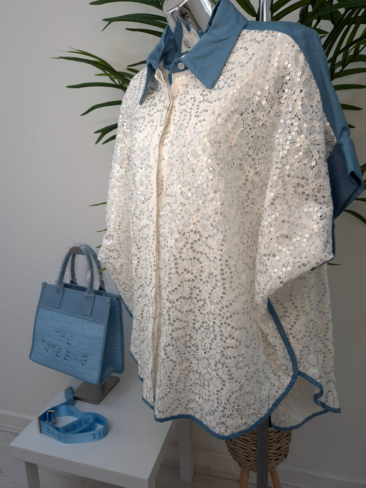 Zeta Otto Sequin Blouse - White/Blue Denim (Curvy)