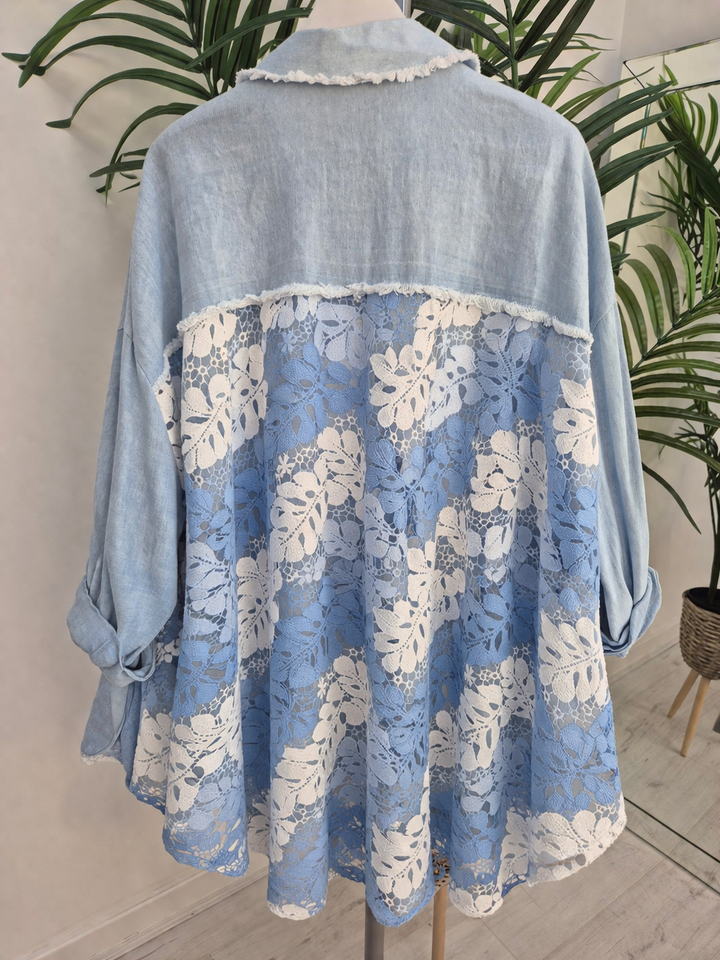 Davina Oversized Denim Shirt with Lace - Blue (Oversized, fits from Size 14 up to Size 16/18)
