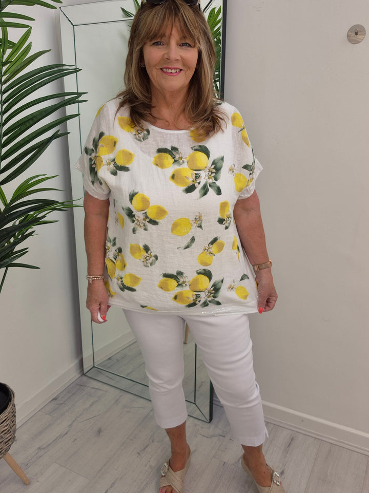 Santorini Sequin Trim Top - White/Lemon