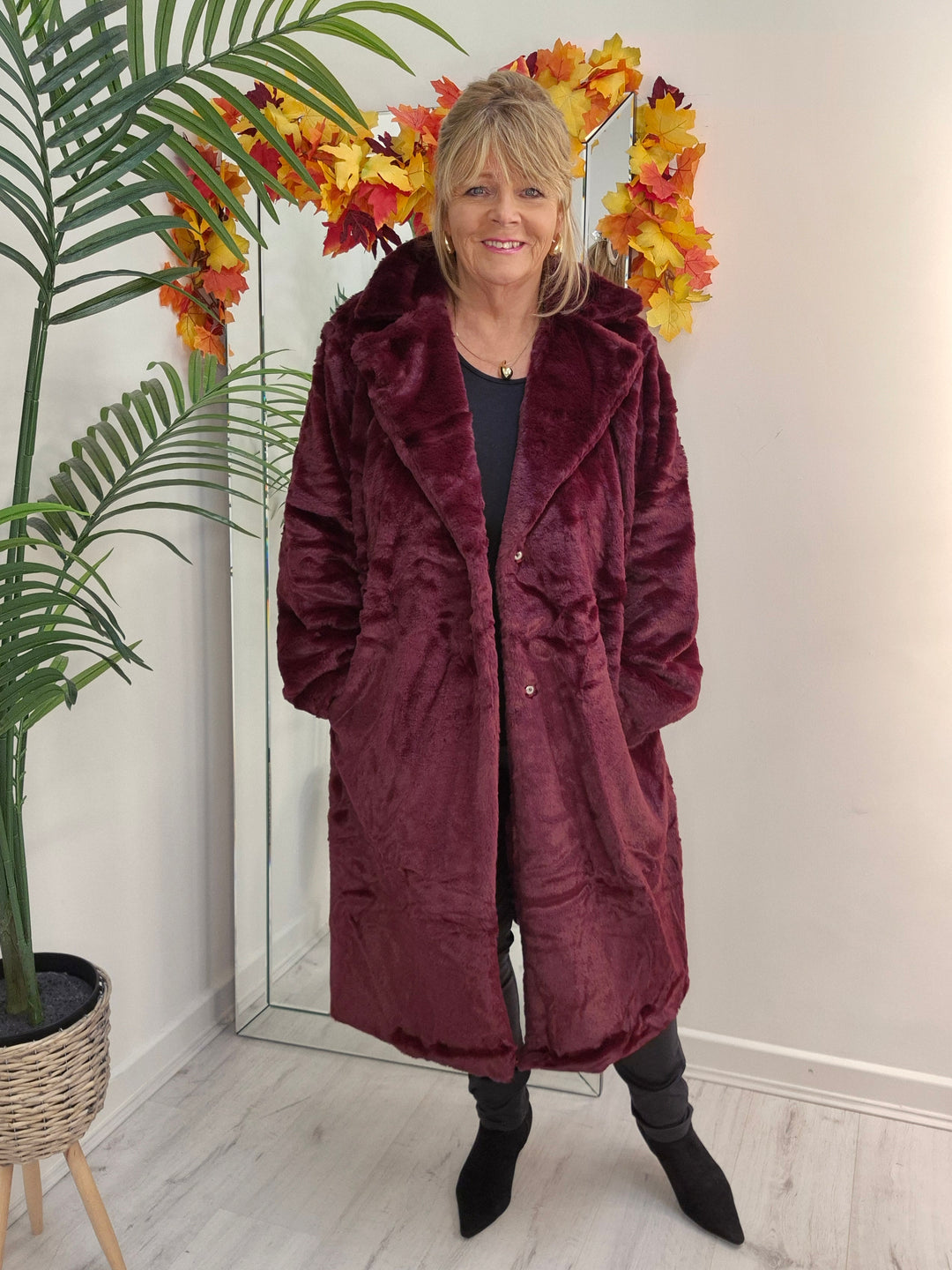 Oslo Faux Fur Longline Coat - Wine (choose your Size)