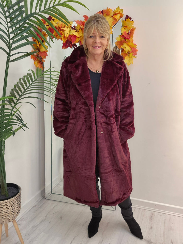Oslo Faux Fur Longline Coat - Wine (choose your Size)