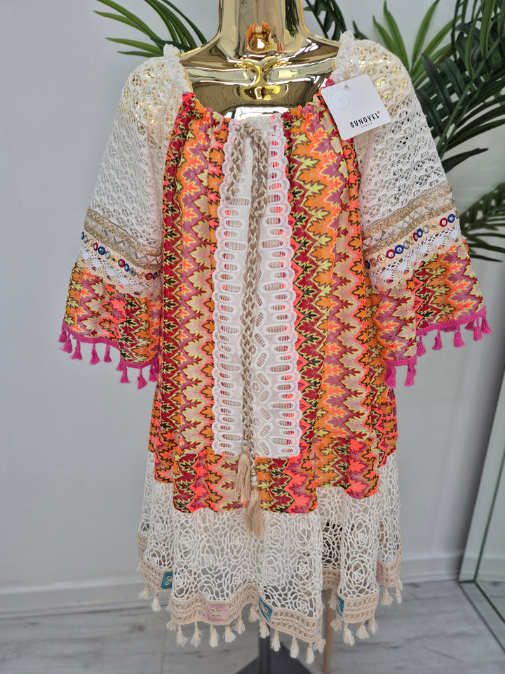 Trinidad Bardot Kaftan/Beach Dress - White/Multi (Oversized)