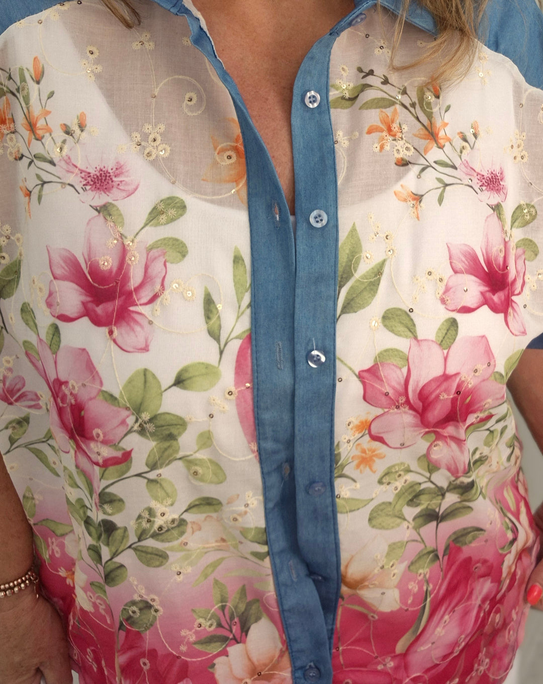 Floral Broderie Anglaise Blouse with Sequins - (Oversized)