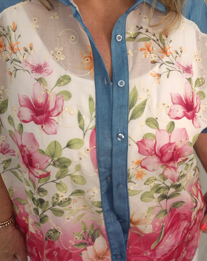 Floral Broderie Anglaise Blouse with Sequins - (Oversized)