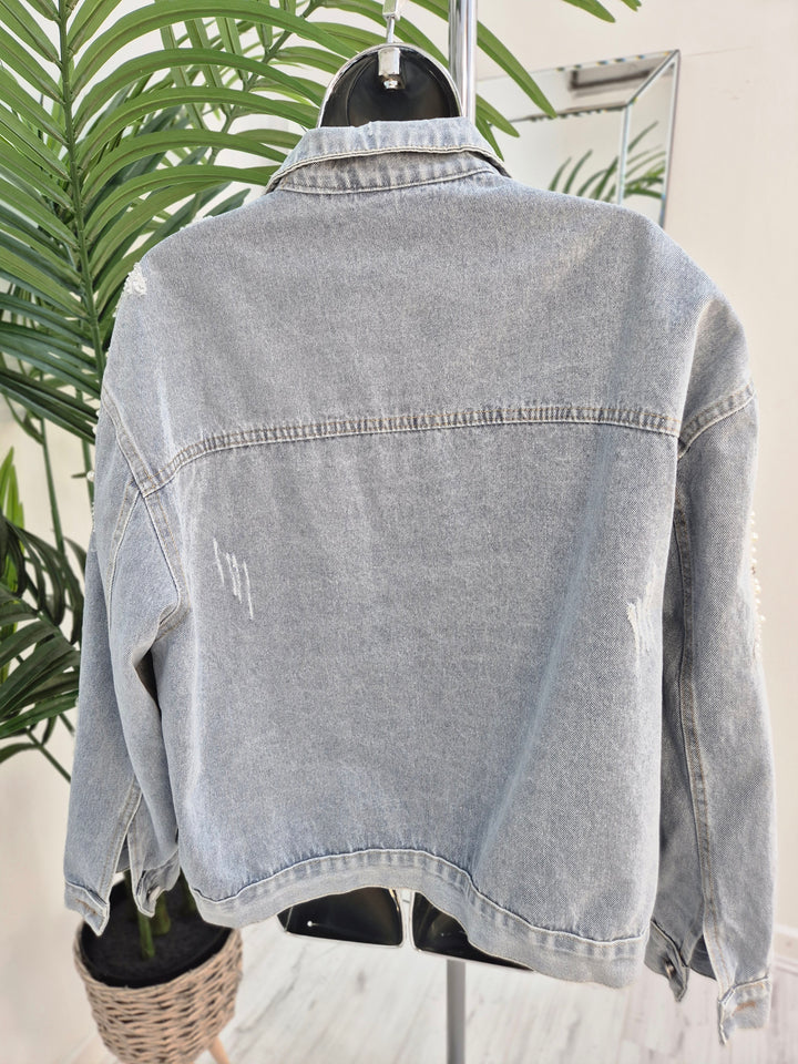 Angelica Crystal & Pearl Denim Jacket - Stonewashed (Oversized)