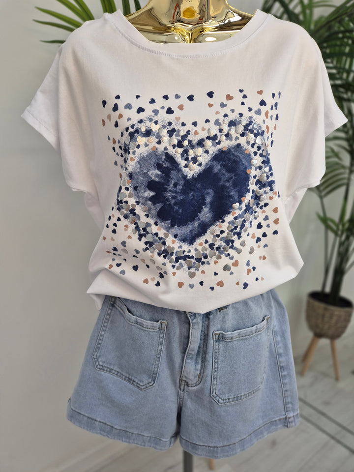 Blue Hearts Tee Shirt - White/Blue/Gold